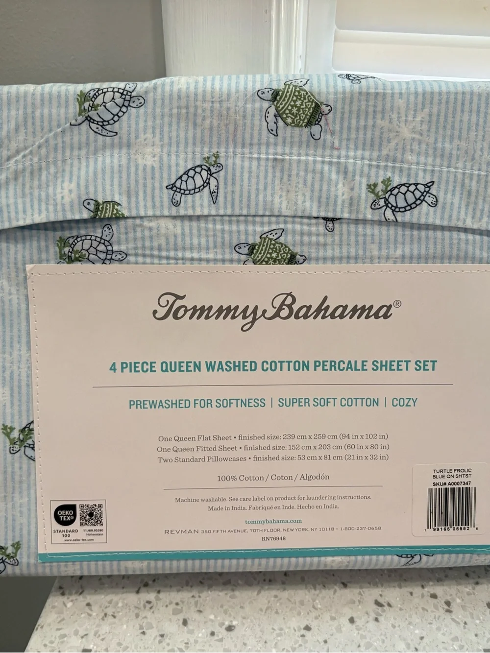 NEW Tommy Bahama Queen Sheet Set - Light Blue with “Turtle Frolic” Print